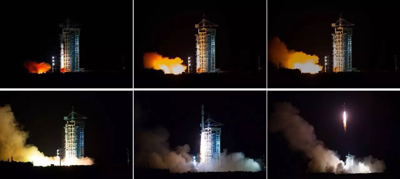  2016年 8月16日，我国在酒泉卫星发射中心用长征二号丁运载火箭成功将世界首颗量子科学实验卫星发射升空（拼版照片）。 新华社记者 金立旺 摄
